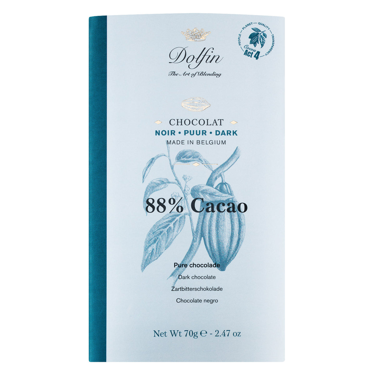 Dolfin Schokolade Bitterschokolade 88% Kakaoanteil, 70 g, in hellblauer Verpackung, hergestellt in Belgien.