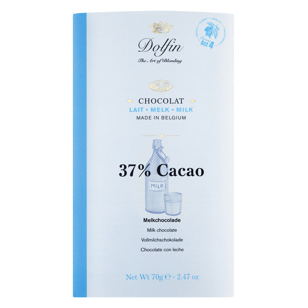 Dolfin Schokolade Vollmilchschokolade 70 g Riegel mit blau-weißem Design, Milchflaschenabbildung und 37 % Kakao.