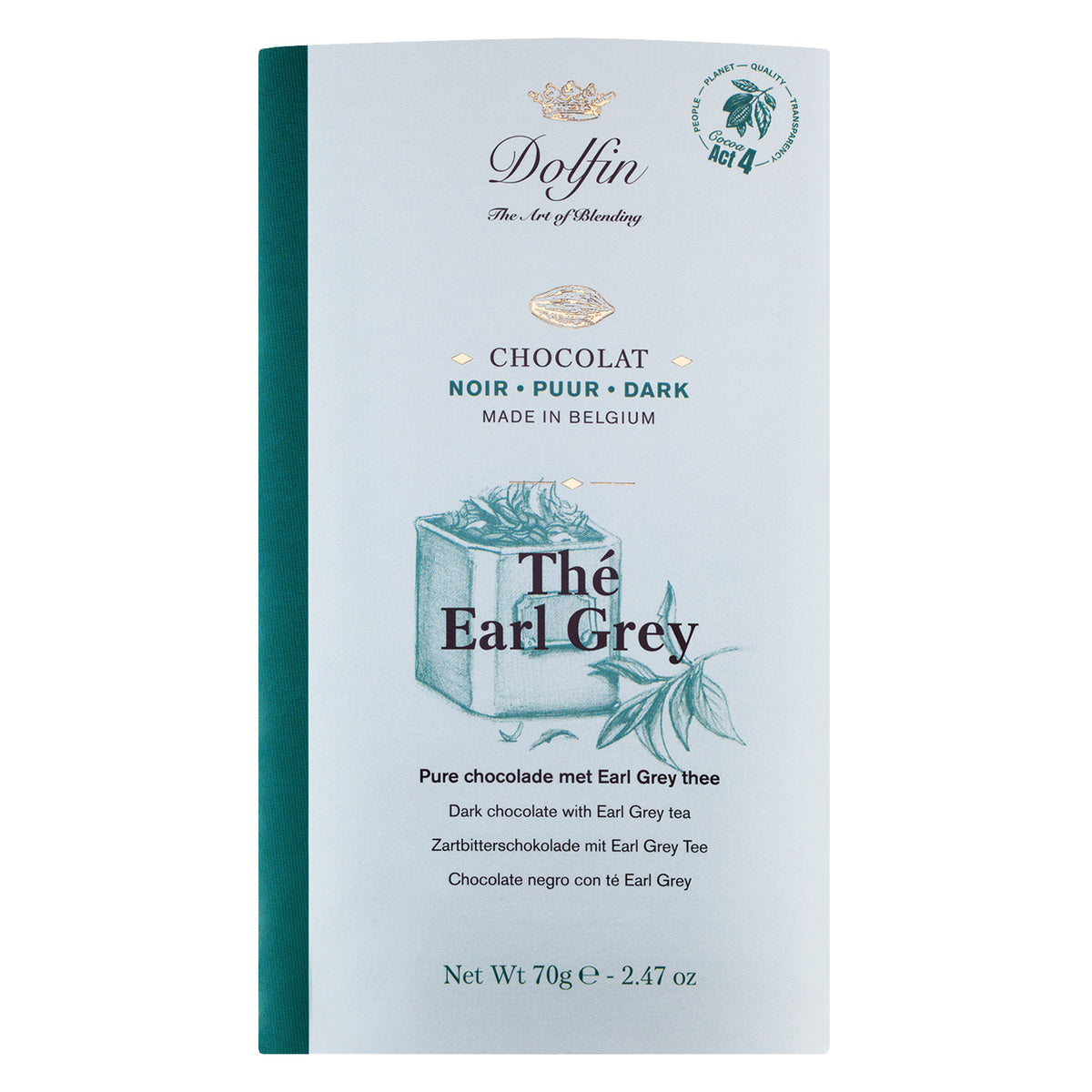 Dolfin Schokolade Zartbitterschokolade mit Earl Grey Tea, 70 g, in hellblauer Verpackung mit Text und einer Teetassen-Illustration auf der Vorderseite.