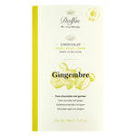 Ein 70g Dolfin Schokolade Zartbitterschokolade mit Ingwer-Riegel mit gelben Akzenten und Ingwer-Illustration auf der Verpackung.