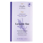 Dolfin Schokolade Zartbitterschokolade mit Lavendel & Vanille, 70 g: Lila Verpackung mit Lavendel-Illustration und Text "Lavande fine, dunkle Schokolade mit Lavendel".