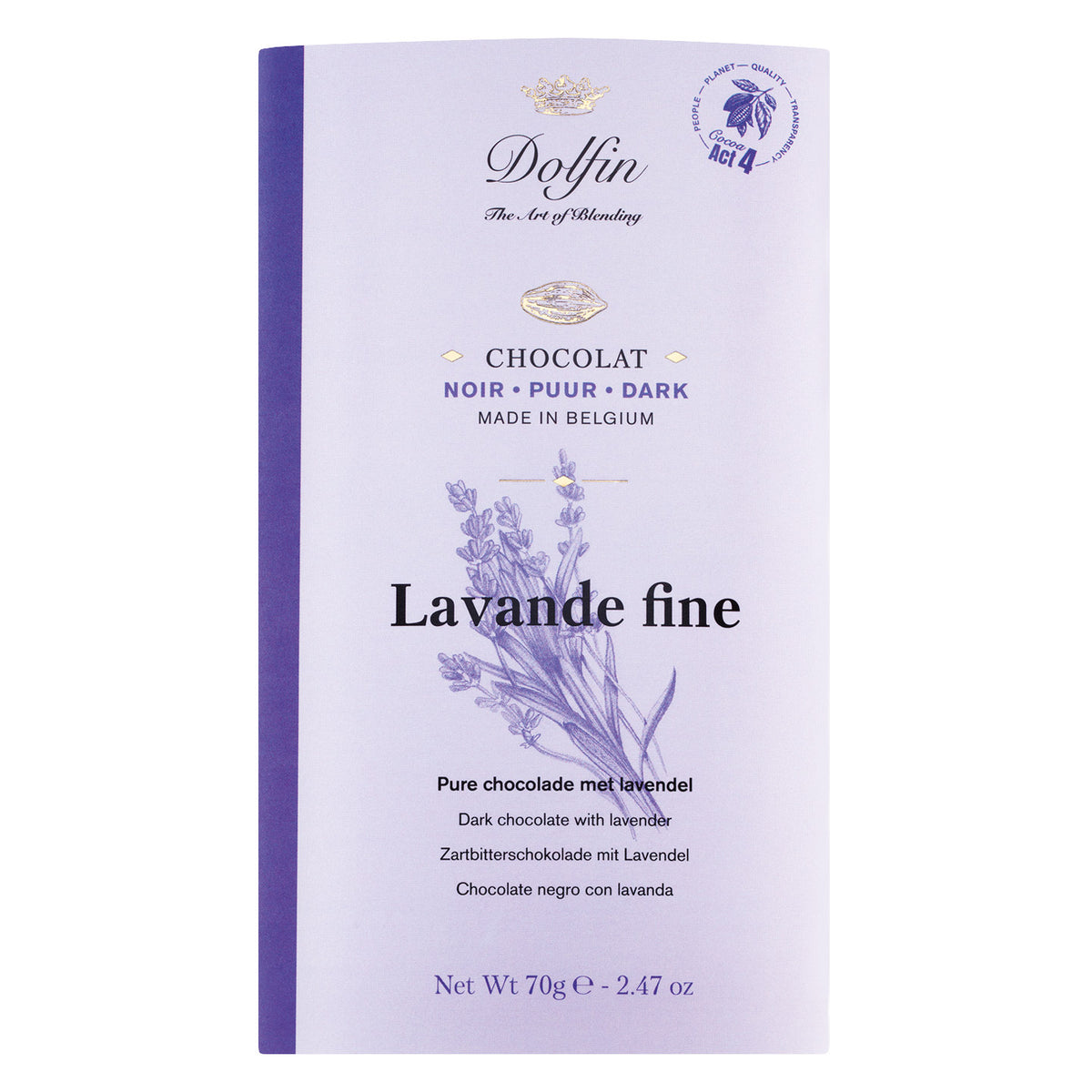 Dolfin Schokolade Zartbitterschokolade mit Lavendel & Vanille, 70 g: Lila Verpackung mit Lavendel-Illustration und Text "Lavande fine, dunkle Schokolade mit Lavendel".