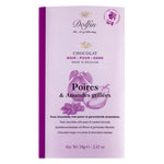 Eine violette Dolfin-Schokolade mit Abbildungen von Birnen und Mandeln, beschriftet mit "Dolfin Zartbitterschokolade mit Birne & gerösteten Mandeln, 70 g".