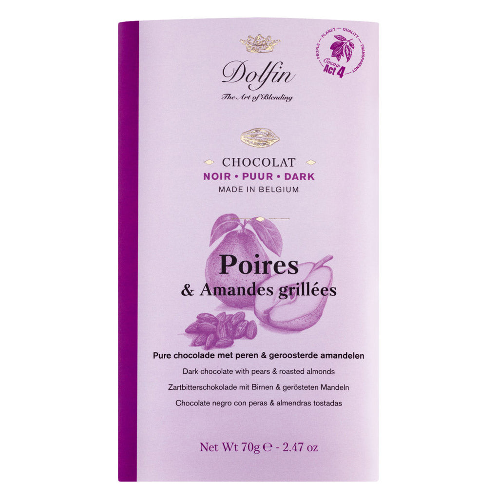 Eine violette Dolfin-Schokolade mit Abbildungen von Birnen und Mandeln, beschriftet mit "Dolfin Zartbitterschokolade mit Birne & gerösteten Mandeln, 70 g".