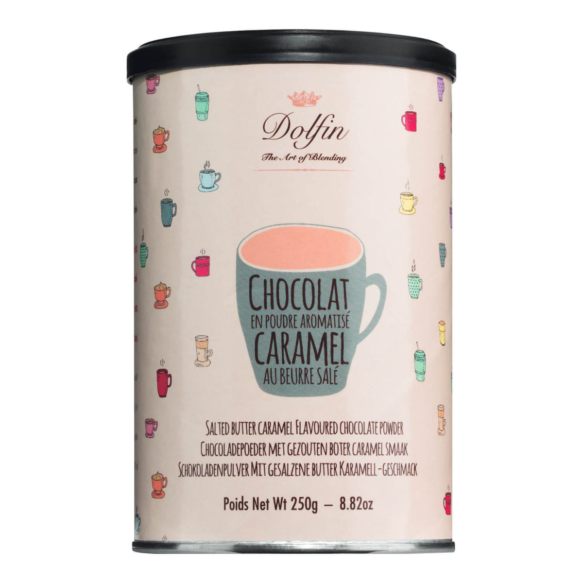 Eine 250g Dose Dolfin Schokolade Trinkschokolade mit gesalzenem Butter-Karamell Aroma, mit bunten Tassenabbildungen.