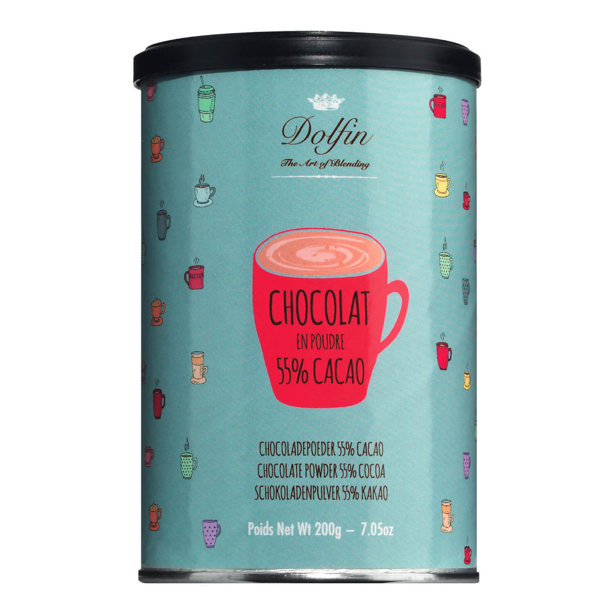 Eine blaue 200g-Dose Dolfin Schokolade Trinkschokolade mit 55% Kakao, mit bunten Becherabbildungen und einer roten Tasse auf dem Etikett.