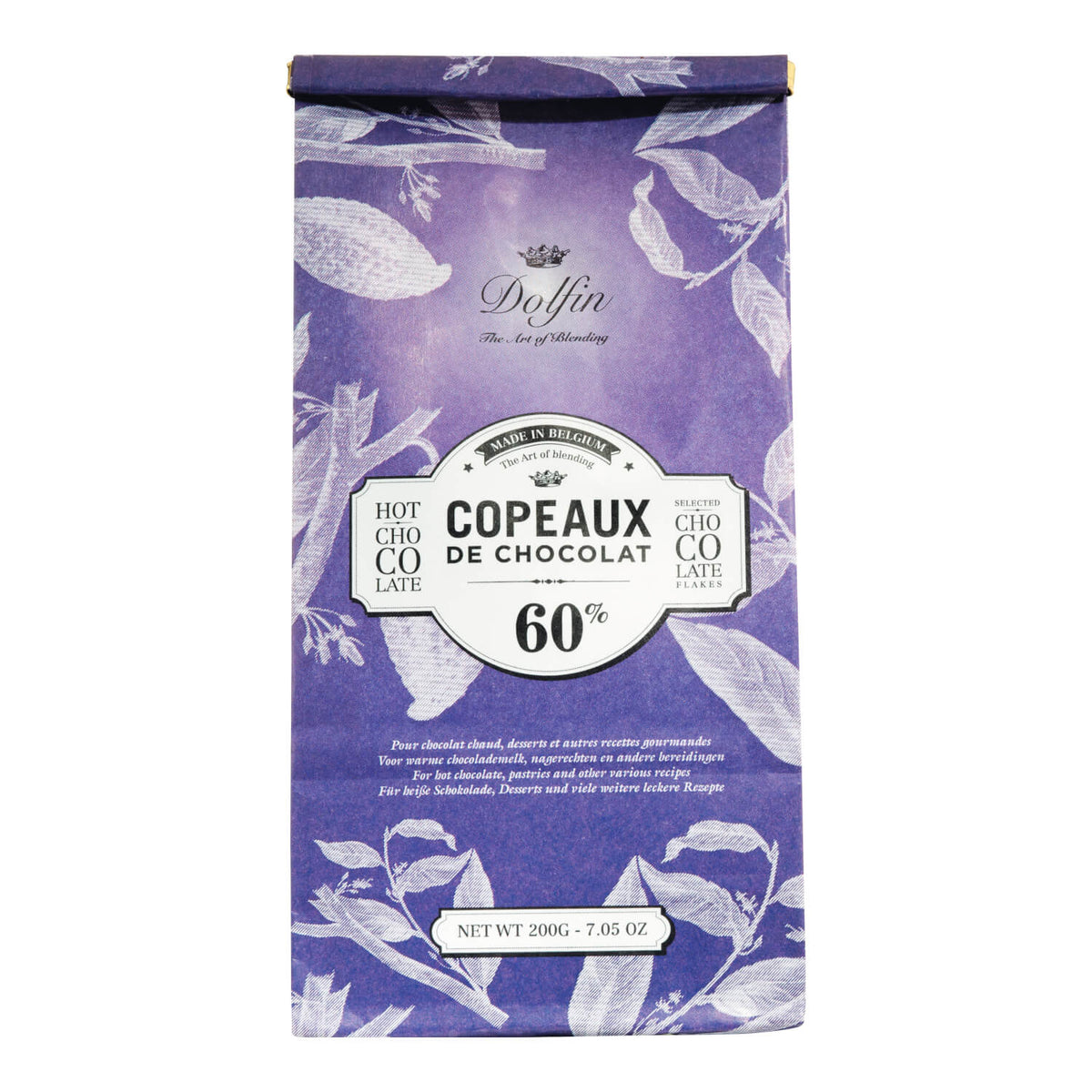 Eine violette 200g-Packung Dolfin Schokolade Copeaux de Chocolat Trinkschokolade (60% Kakaoanteil) ist mit weißen botanischen Illustrationen versehen.