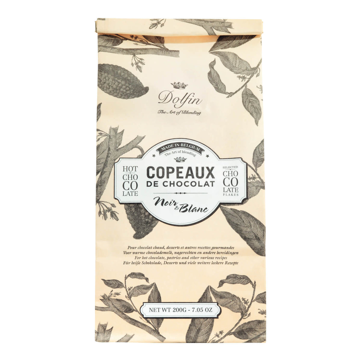 Beigefarbene Verpackung der Dolfin Schokolade Copeaux de Chocolat Trinkschokolade mit schwarz-weißen Flocken, 200 g, mit botanischen Illustrationen.