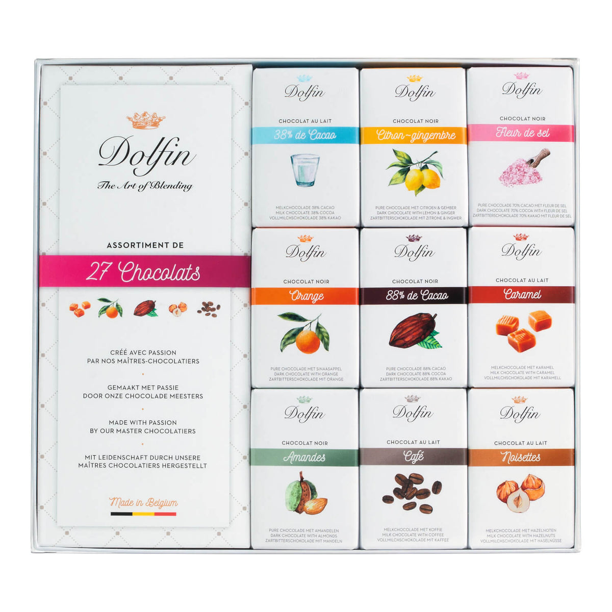 Dolfin Schokolade Geschenkbox mit 27 Täfelchen verschiedener Sorten (270 g), einzeln verpackt und beschriftet.