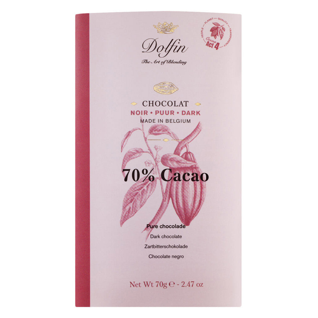 Das rosafarbene Deckblatt der Dolfin Schokolade Zartbitterschokolade 70 % Kakaoanteil (70 g) ist mit einer Kakaoschote und einem goldenen Text versehen.