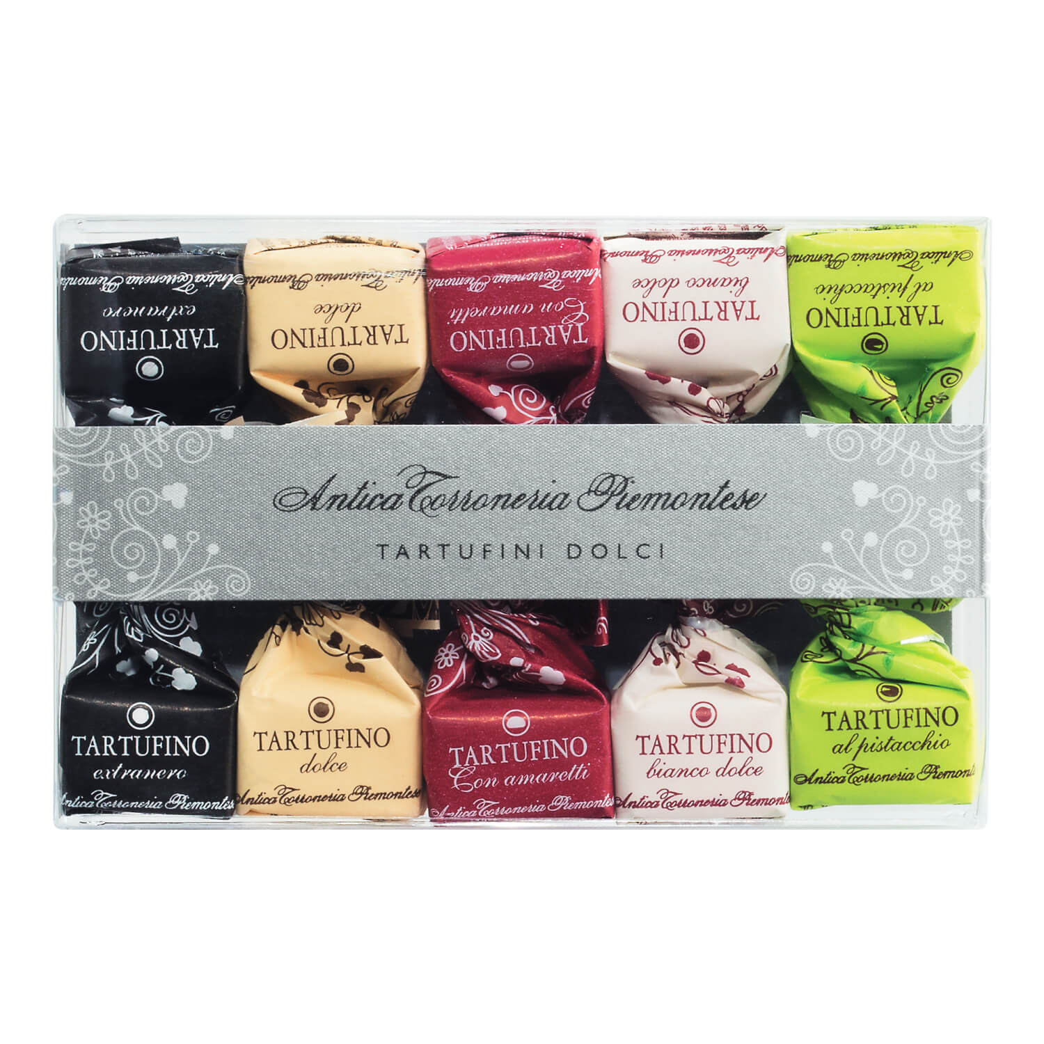 Eine 10er-Packung (70 g) Antica Torroneria Piemontese Tartufini dolci misti - sortierte Mini-Schokoladentrüffel in bunten Verpackungen.