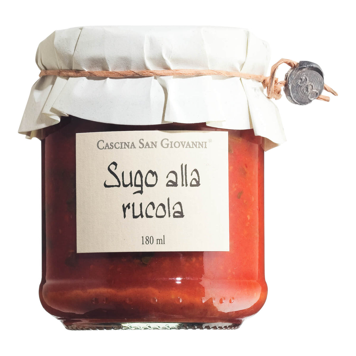 Ein 180-ml-Glas mit weißem Papierdeckel und handgeschriebenem Etikett: Cascina San Giovanni Sugo alla rucola - universelle Sauce mit Rauke.