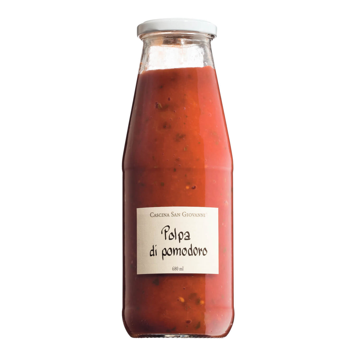 Eine 680 ml Glasflasche Polpa di pomodoro Tomatenconcassé von Cascina San Giovanni mit italienischem Etikett.