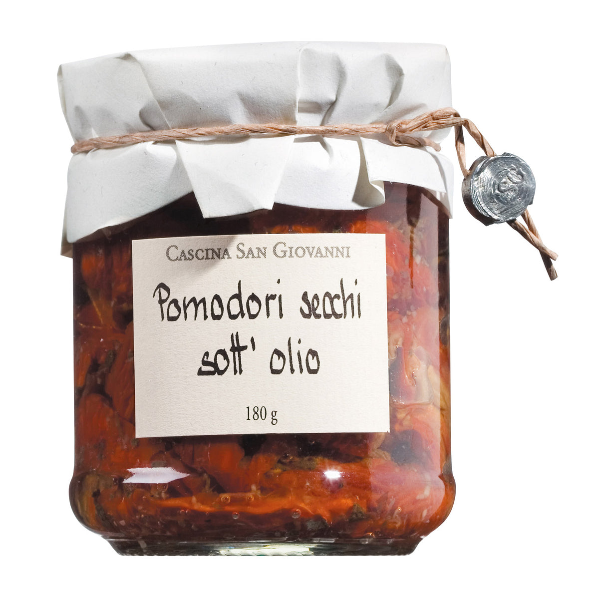 Ein 180g-Glas mit Getrockneten Tomaten in Olivenöl von Cascina San Giovanni, mit handgeschriebenem italienischen Etikett und rustikalem Papierdeckel von Cascina San Giovanni.