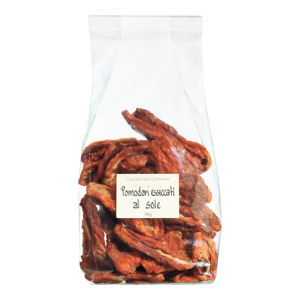 Ein durchsichtiger Beutel mit sonnengetrockneten mediterranen Tomaten getrocknet von Cascina San Giovanni (150 g) von der Marke Cascina San Giovanni.