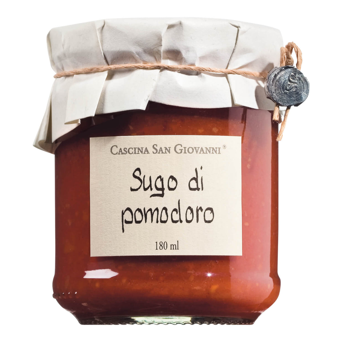 Ein 180 ml Glas Sugo al pomodoro Tomatensauce von Cascina San Giovanni, mit weißem Papierdeckel und Schnur, von der Marke Cascina San Giovanni.
