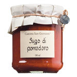 Ein 180 ml Glas Sugo al pomodoro Tomatensauce von Cascina San Giovanni, mit weißem Papierdeckel und Schnur, von der Marke Cascina San Giovanni.