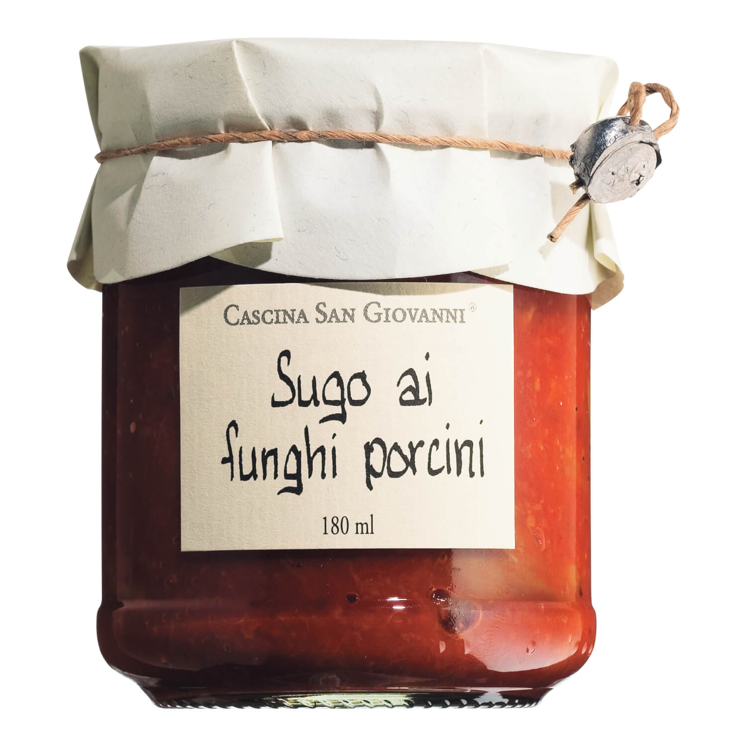 Ein 180-ml-Glas mit Sugo ai funghi mit Steinpilzen von Cascina San Giovanni, verschlossen mit einem Papierdeckel und einer Schnur.