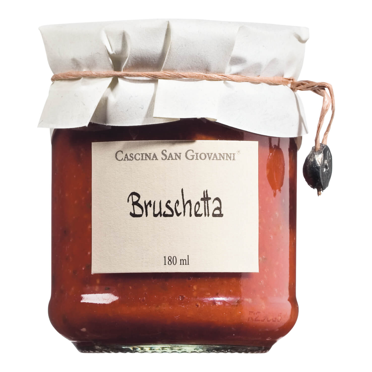 Ein 180-ml-Glas mit Cascina San Giovanni Bruschetta Aufstrich, verschlossen mit einem weißen Papierdeckel und verschnürt mit einer Schnur.