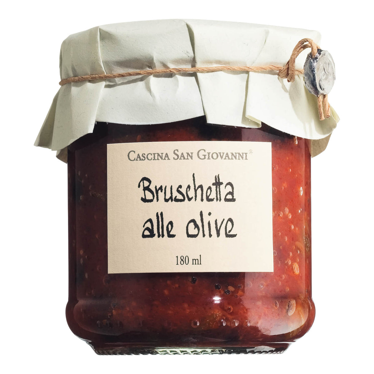 Ein 180-ml-Glas der Cascina San Giovanni Bruschetta alle olive mit einem in Papier eingewickelten Deckel und einem handgeschriebenen Etikett.