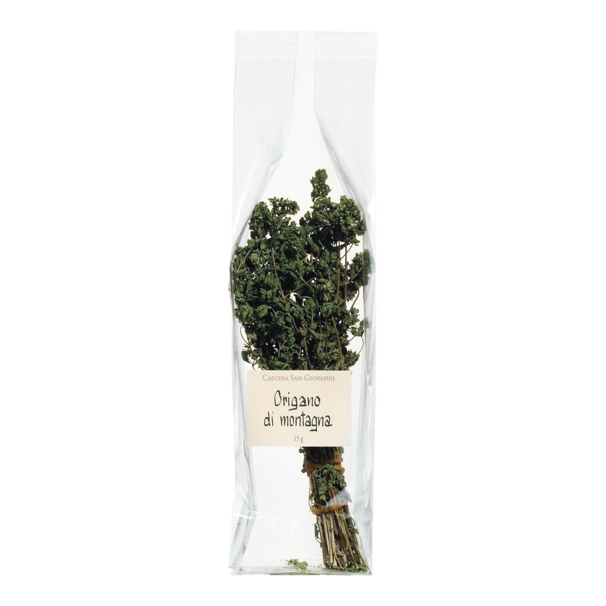 Ein durchsichtiger Beutel mit einem Bund aromatischem wildem Oregano mit der Aufschrift "Mazzo origano - Cascina San Giovanni, 10 g".