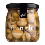 Ein 180-g-Glas Viani & Co. Funghi - Gegrillte Champignons in Olivenöl, mit sichtbaren Pilzstücken im Inneren.