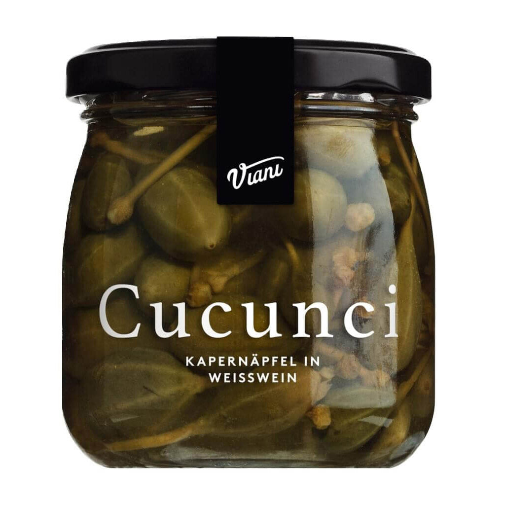 Ein 180-g-Glas Viani & Co. Cucunci - Kapernäpfel in Weißwein, mit schwarzem Deckel und weißem Text auf dem Etikett.