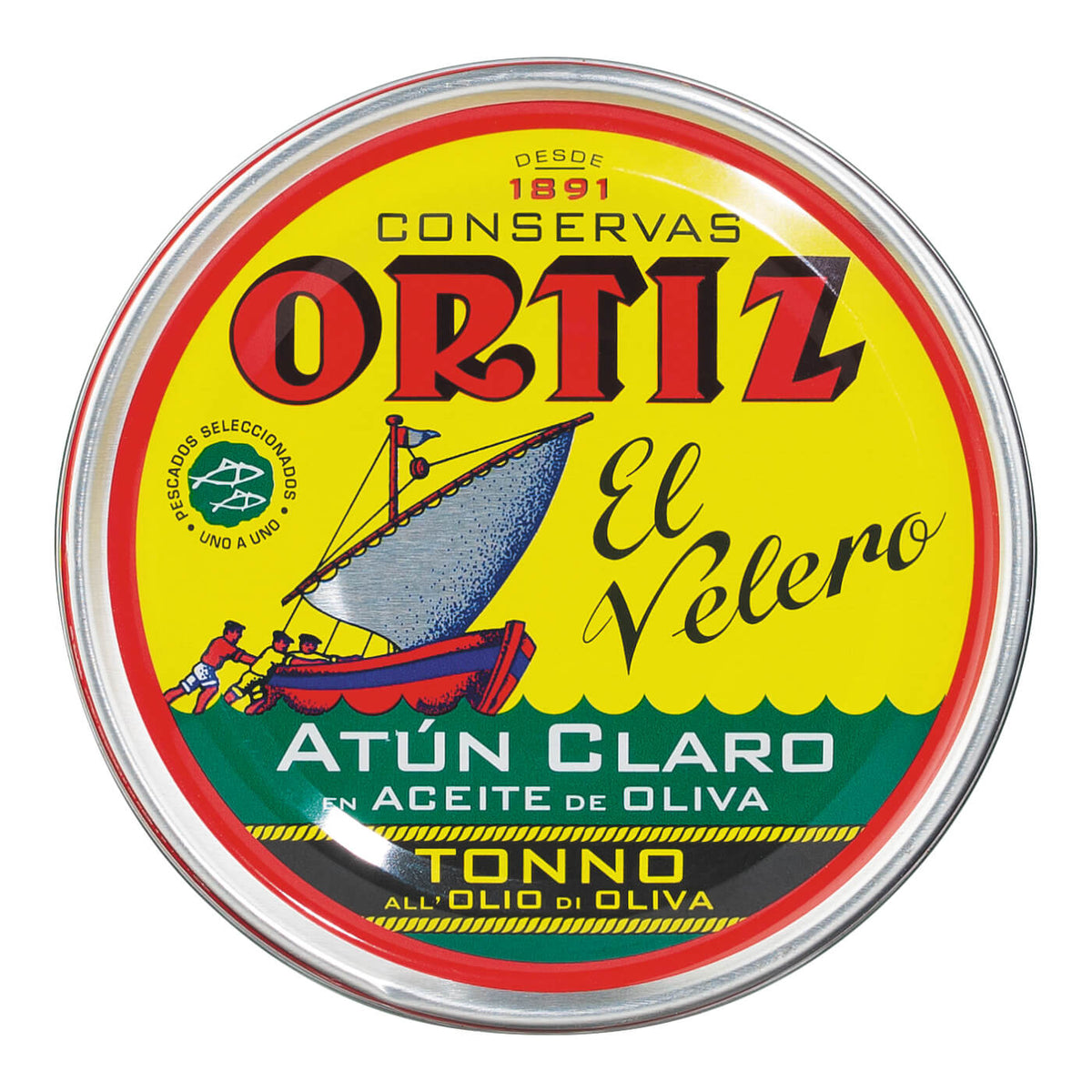 Ortiz Gelbflossen-Thunfisch in Olivenöl, 250 g, in einer runden Dose mit Bootsillustration und auffälligem rotem und gelbem Text.