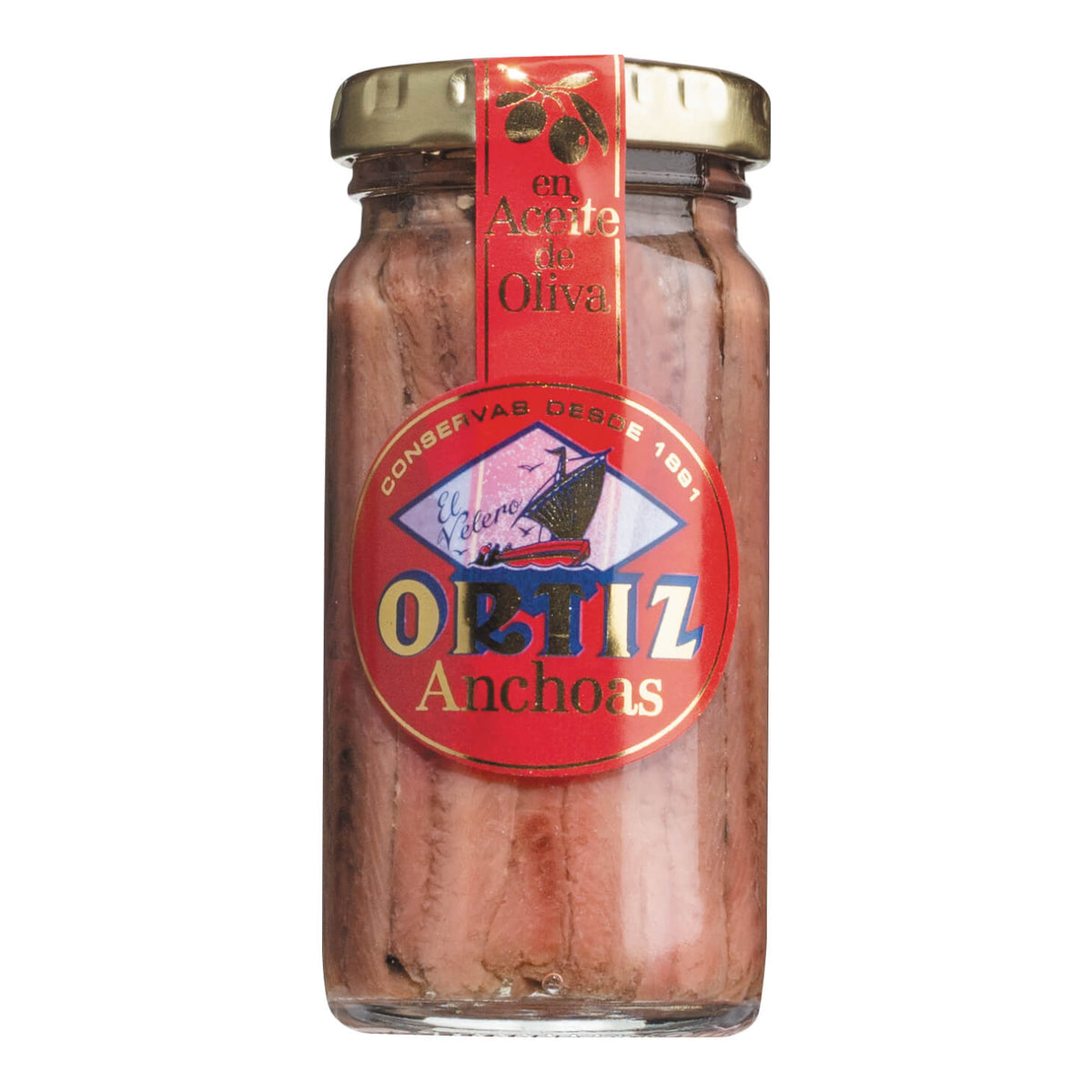 Ein 95-g-Glas mit Ortiz Anchoas (Sardellen in Olivenöl) von Ortiz, mit rot-goldenem Etikett und goldenem Deckel.