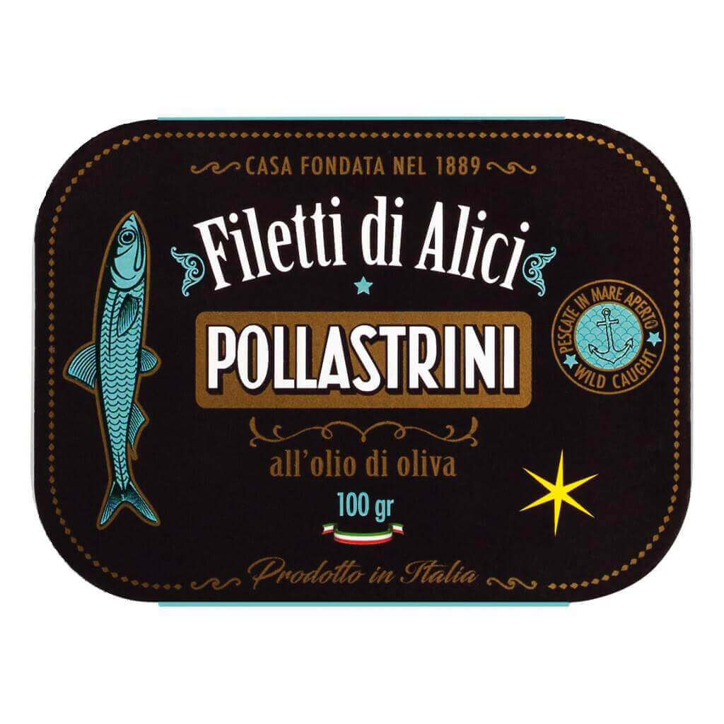 Eine 100g-Dose Pollastrini Sardellenfilets in Olivenöl, mit einer Fischdarstellung auf dem Etikett.