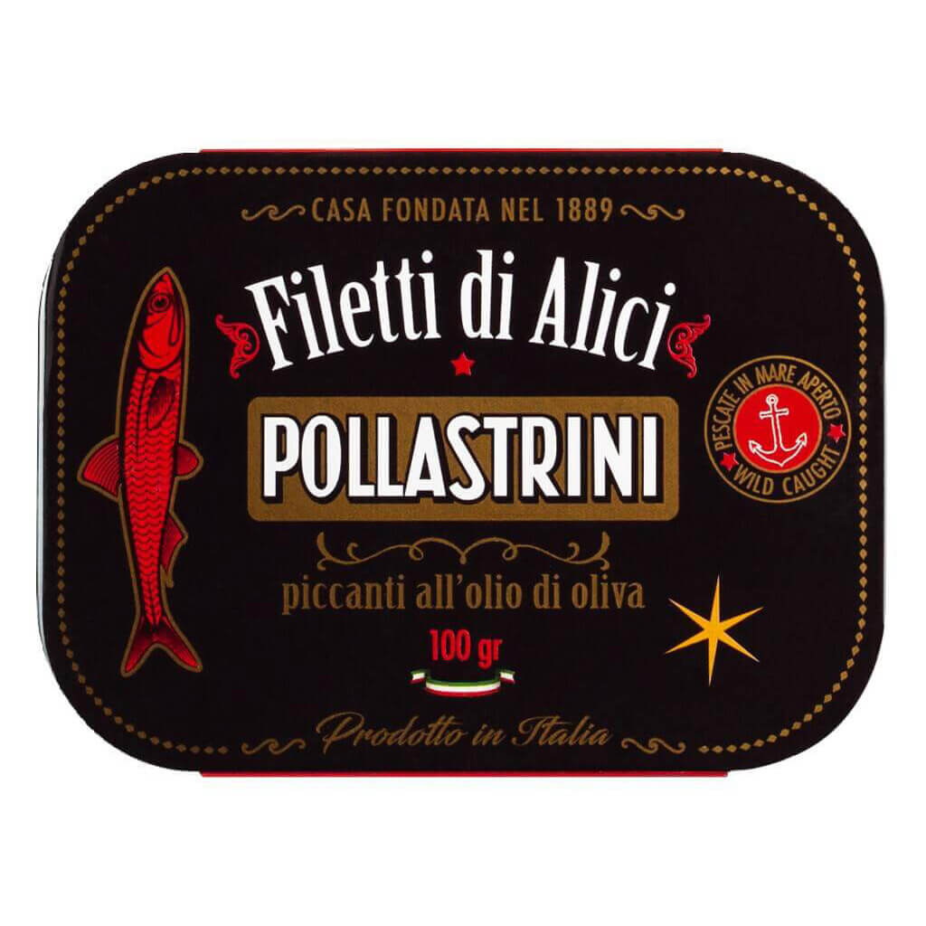 Eine 100g-Dose Pollastrini Sardellenfilets in Olivenöl mit Chili, mit roten und goldenen Akzenten auf einem schwarzen Etikett.
