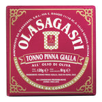 Olasagasti Tonno Pinna Gialla-feiner Gelbflossen Thunfisch, 120g, in roter Verpackung mit goldener Verzierung und italienischem Text.