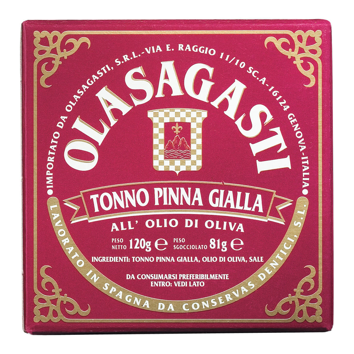 Olasagasti Tonno Pinna Gialla-feiner Gelbflossen Thunfisch, 120g, in roter Verpackung mit goldener Verzierung und italienischem Text.