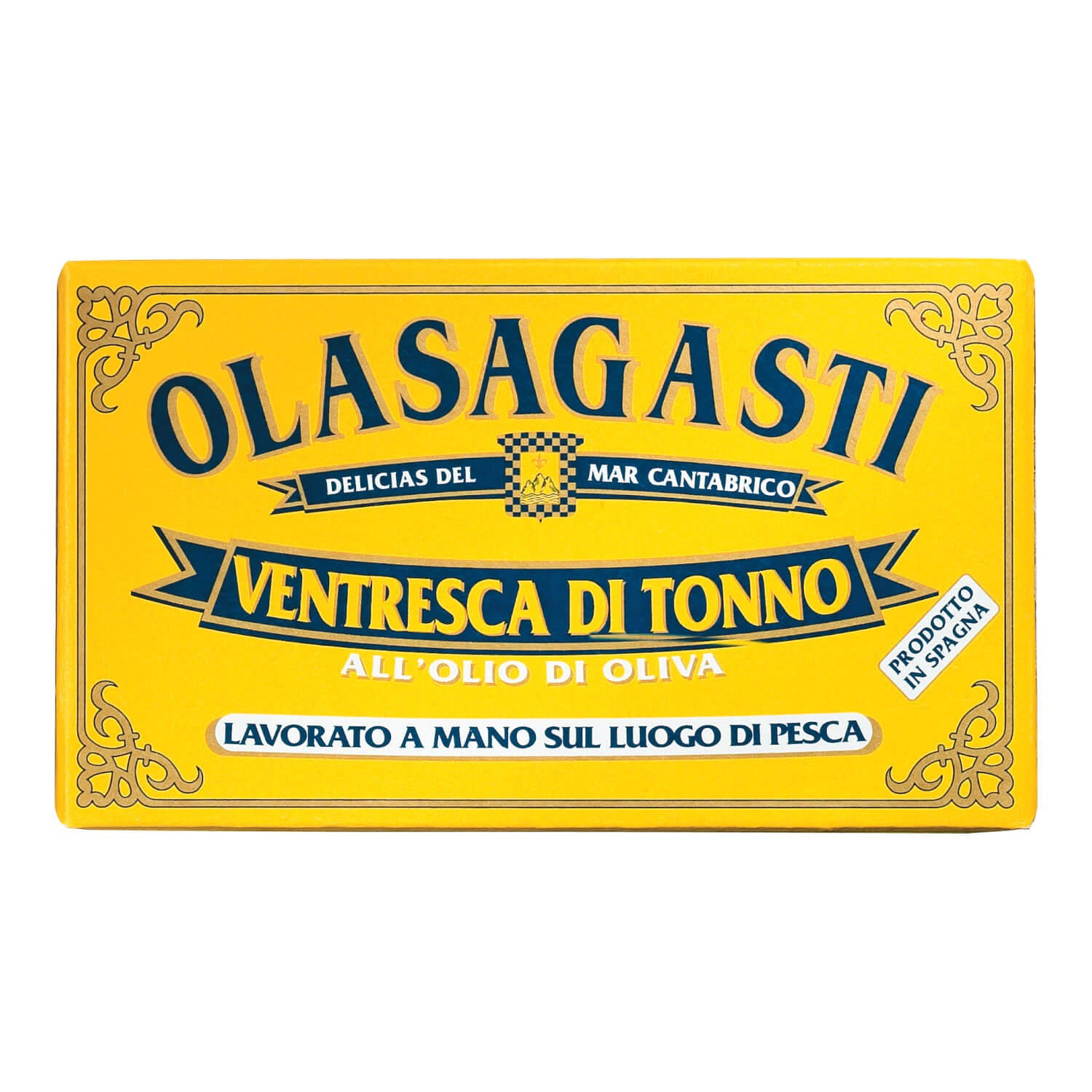 Die Olasagasti Ventresca di Tonno, 120 g - Premium-Thunfischbauch in Olivenöl - wird in einer gelben Dose mit blauem Text und Akzenten geliefert.