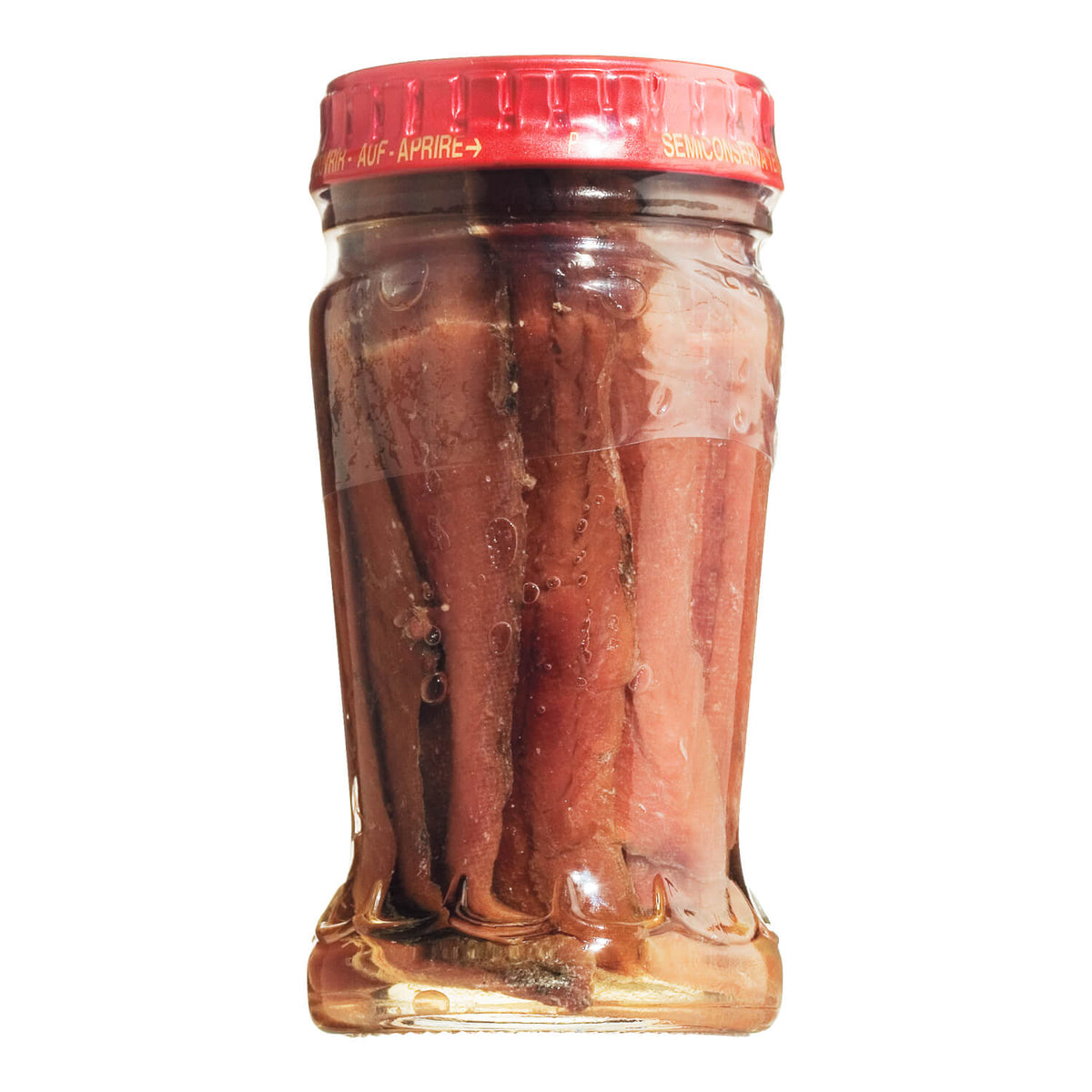 Ein 95g-Glas mit Feinste Sardellenfilets von Calvi von Calvi, Filets in Öl und versiegelt mit einem roten Metalldeckel.