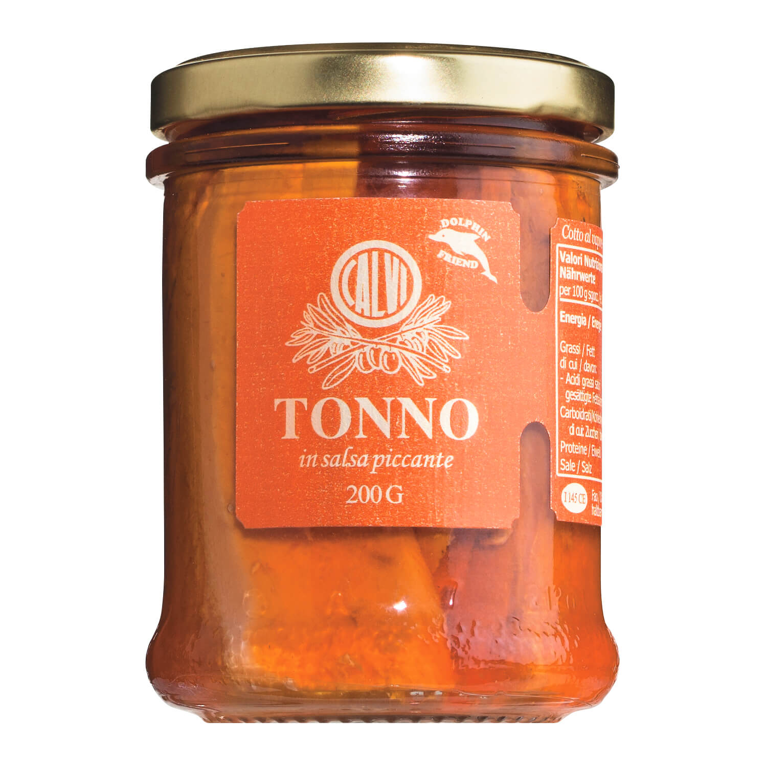 Ein 200-g-Glas mit Calvi Tonno piccante - würziger Thunfisch mit Chili-Öl - mit orangefarbenem Etikett und goldenem Deckel.