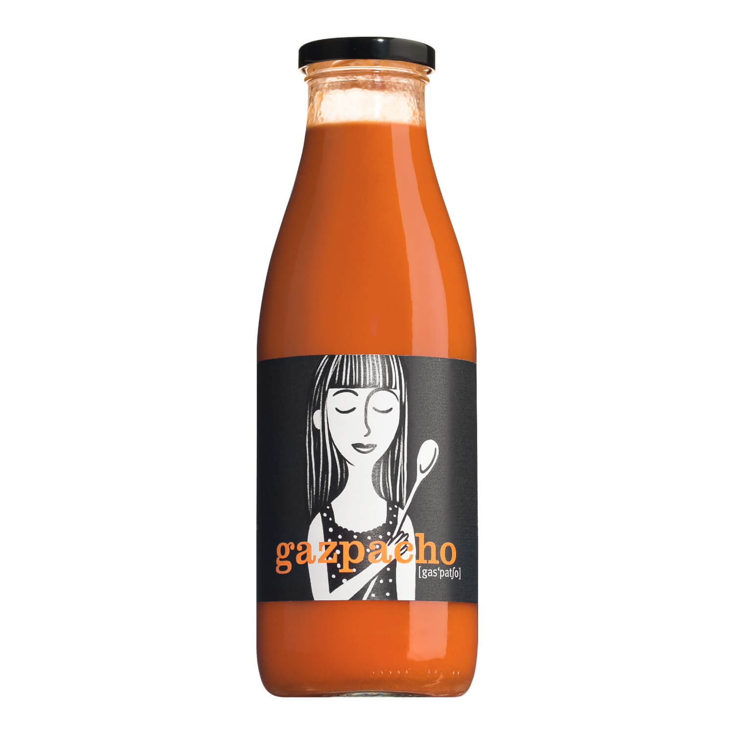 Eine 720-ml-Glasflasche Gazpacho - erfrischende Tomatensuppe von La Cocina de Lola mit einem schwarzen Etikett, auf dem eine Frau mit einem Löffel abgebildet ist.