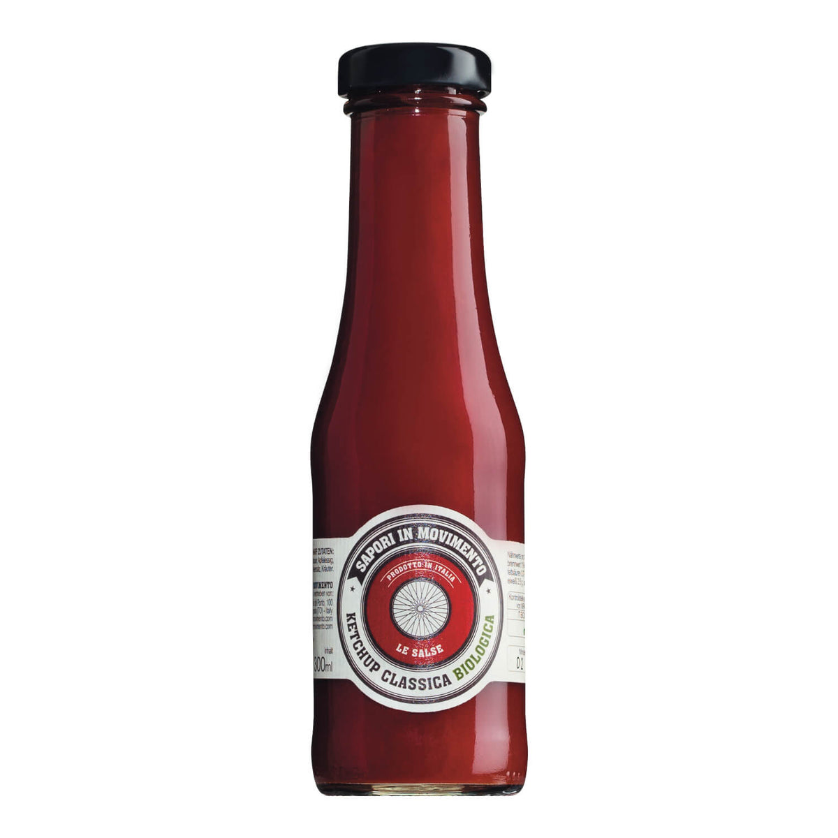Eine 300-ml-Glasflasche Tomatenketchup von Sapori Bio aus dem Hause Sapori in Movimento, mit schwarzem Verschluss und rundem weißem Frontetikett.