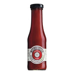 Eine 300-ml-Glasflasche Tomatenketchup scharf von Sapori in Movimento mit schwarzem Verschluss und weißem Frontetikett.