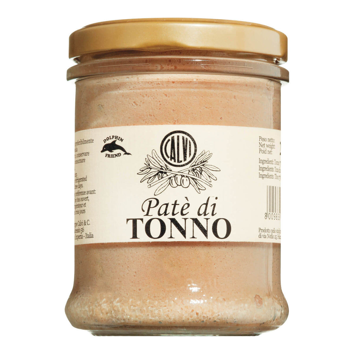 200 g Glas Thunfischcreme von Calvi mit goldenem Deckel und italienischem Etikett.