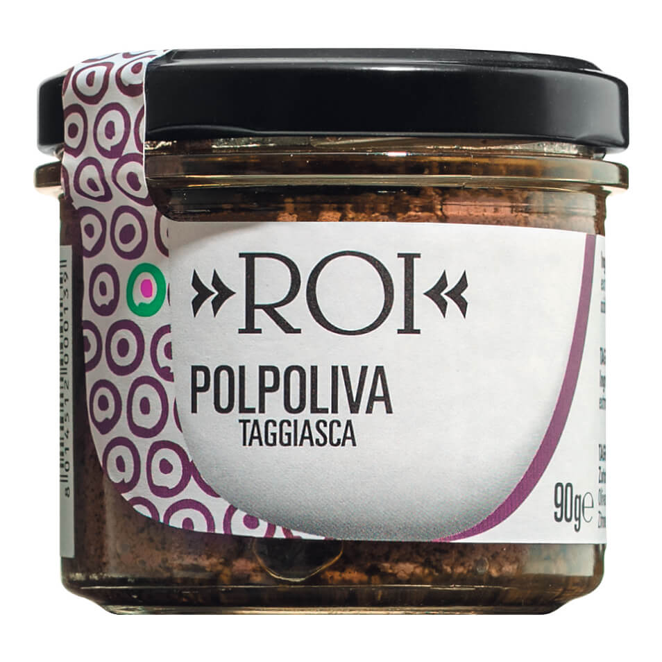 Ein 90-g-Glas Olio Roi Schwarze Olivencreme mit schwarzem Deckel und modernem weißen Etikett.