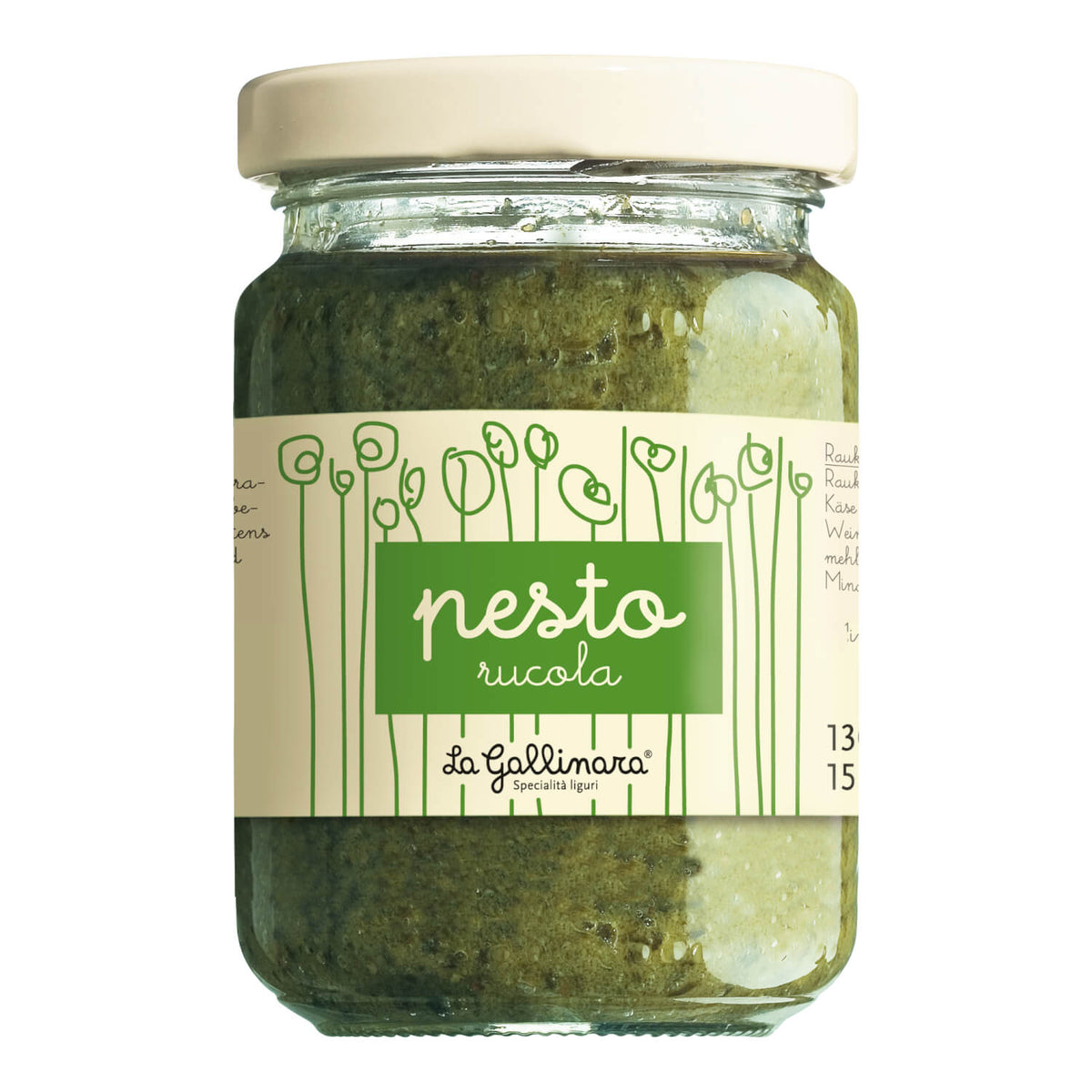 Glas mit Aromatischem Raukenpesto von La Gallinara von La Gallinara s.r.l. mit grünem Blumenetikett und cremefarbenem Deckel.