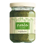 Glas mit Aromatischem Raukenpesto von La Gallinara von La Gallinara s.r.l. mit grünem Blumenetikett und cremefarbenem Deckel.
