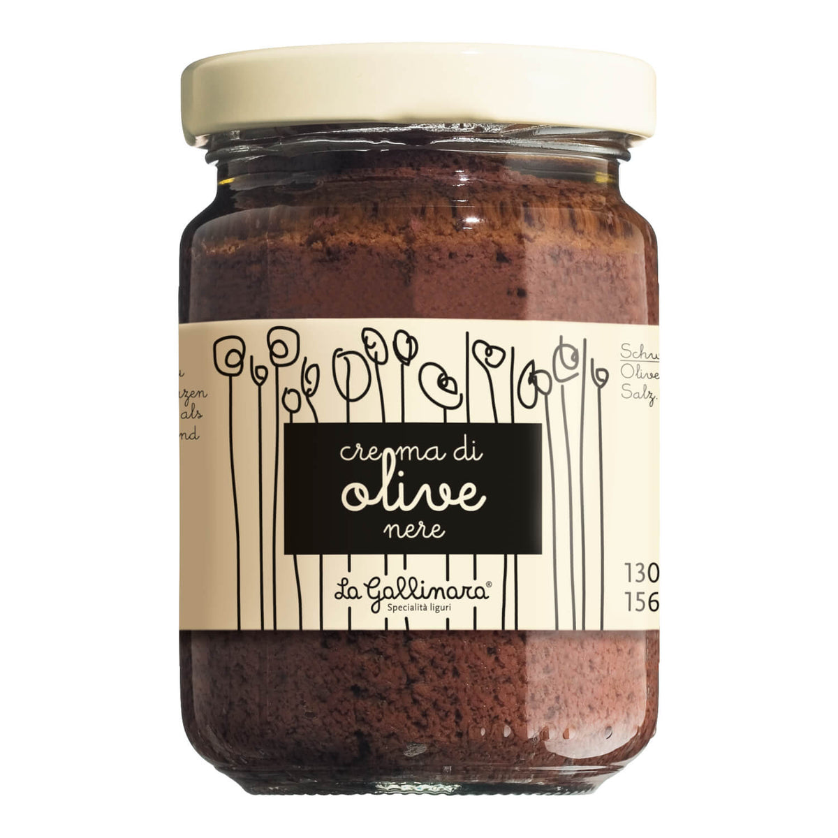 Ein 130 g Glas Schwarze Oliven-Creme von La Gallinara s.r.l. mit einem beigen Etikett mit schwarzen Illustrationen und Text.