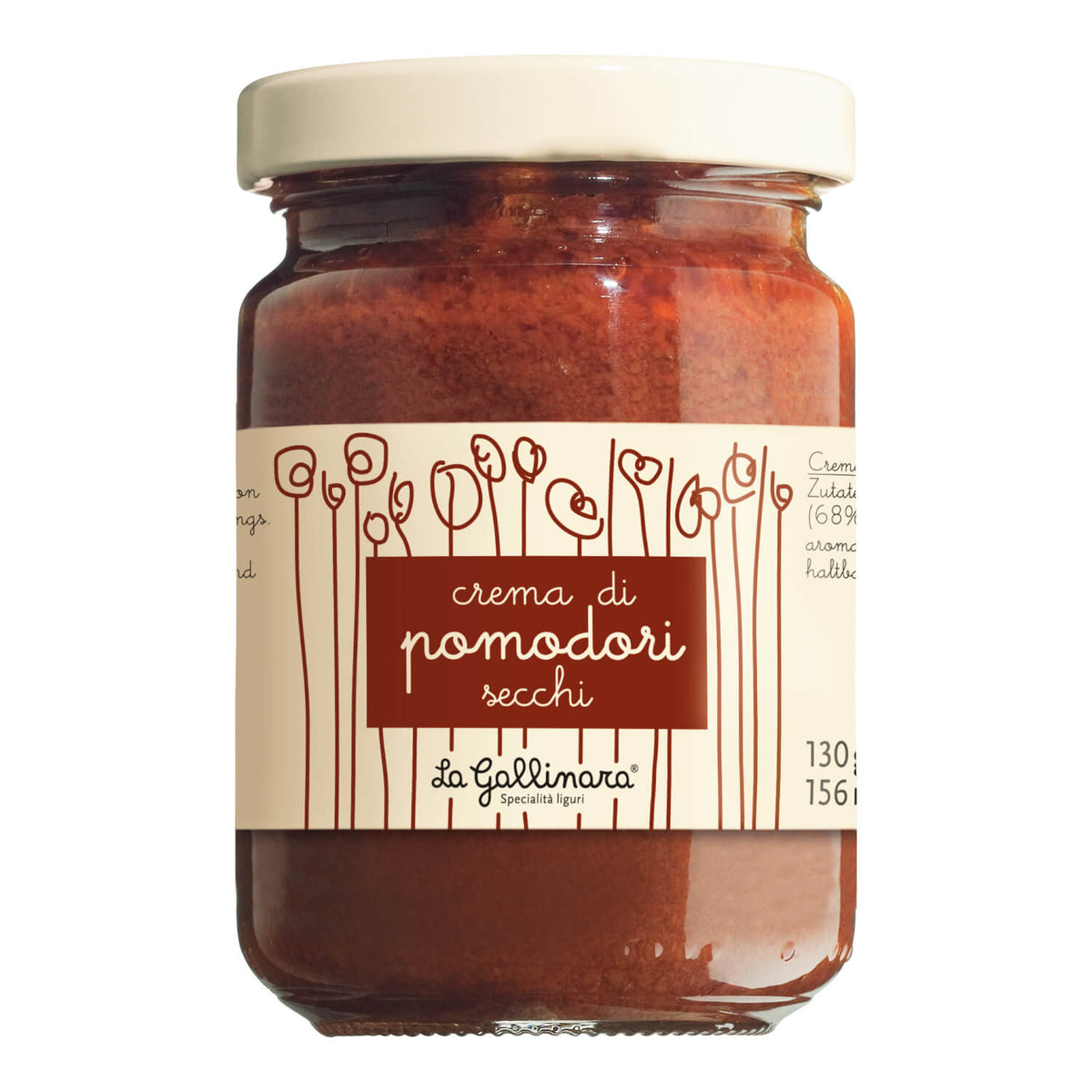 Ein 130-g-Glas La Gallinara s.r.l. Crema di Pomodori secchi (Creme aus sonnengetrockneten Tomaten) mit einem illustrierten beigen Etikett.