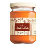 Ein 130-g-Glas La Gallinara s.r.l. Salsa del diavolo (Teufelssauce) mit cremefarbenem Etikett und einfachen Blumenabbildungen.