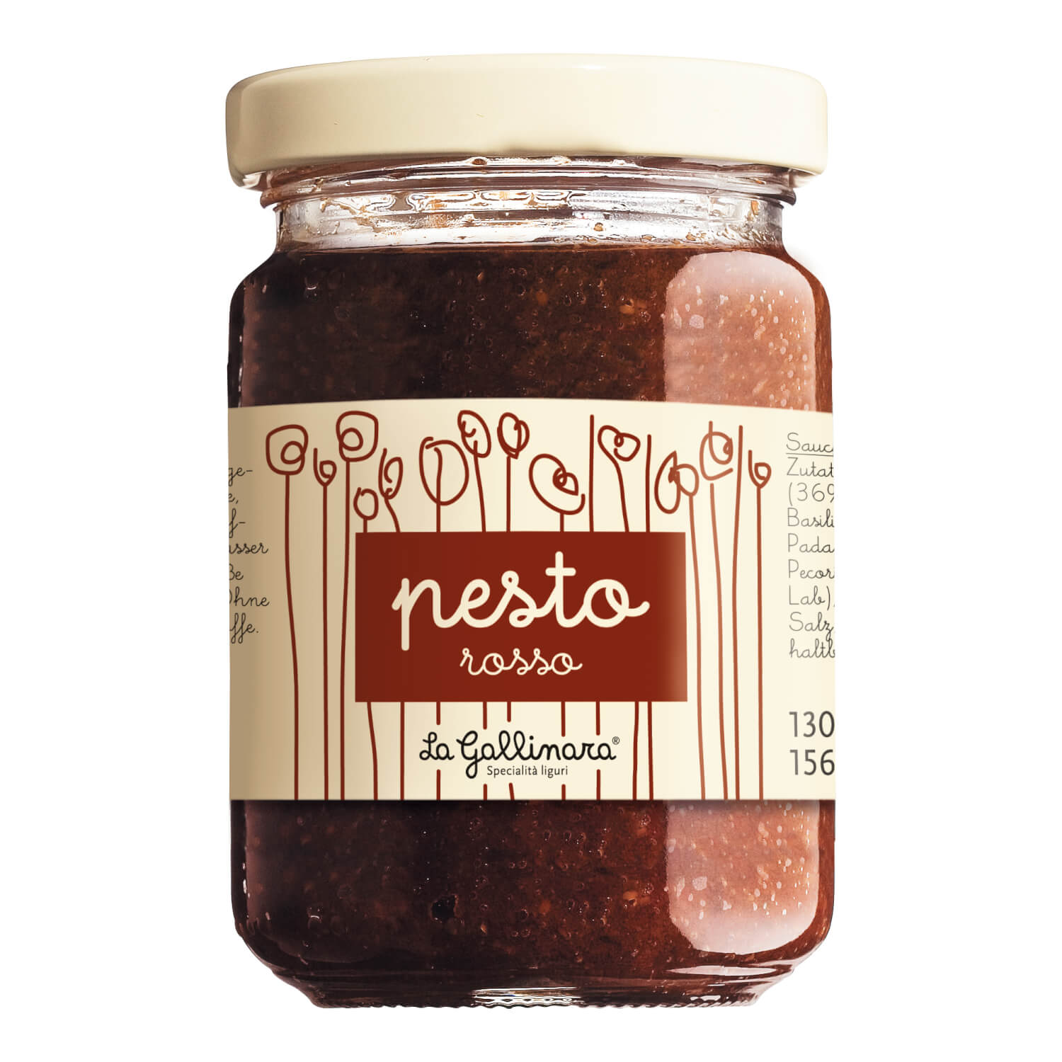 Ein Glas mit Pesto rosso - rotes Tomatenpesto von La Gallinara von La Gallinara s.r.l. mit einem cremefarbenen Etikett und braunem Text auf weißem Hintergrund.