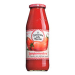 Eine 700-ml-Glasflasche Lampomodoro passierte Tomaten von Le conserve della nonna s.r.l., auf deren Etikett Tomaten abgebildet sind.