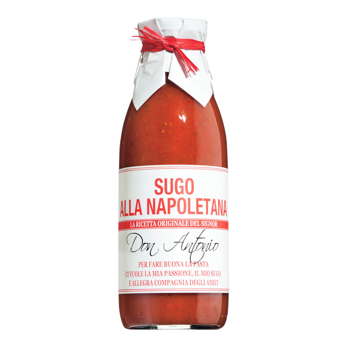 Ein Glas Don Antonio srl Sugo Napoletana - Tomatensauce mit Gemüse & Gewürzen, mit weißem und rotem Etikett und einem in Papier eingewickelten Deckel.