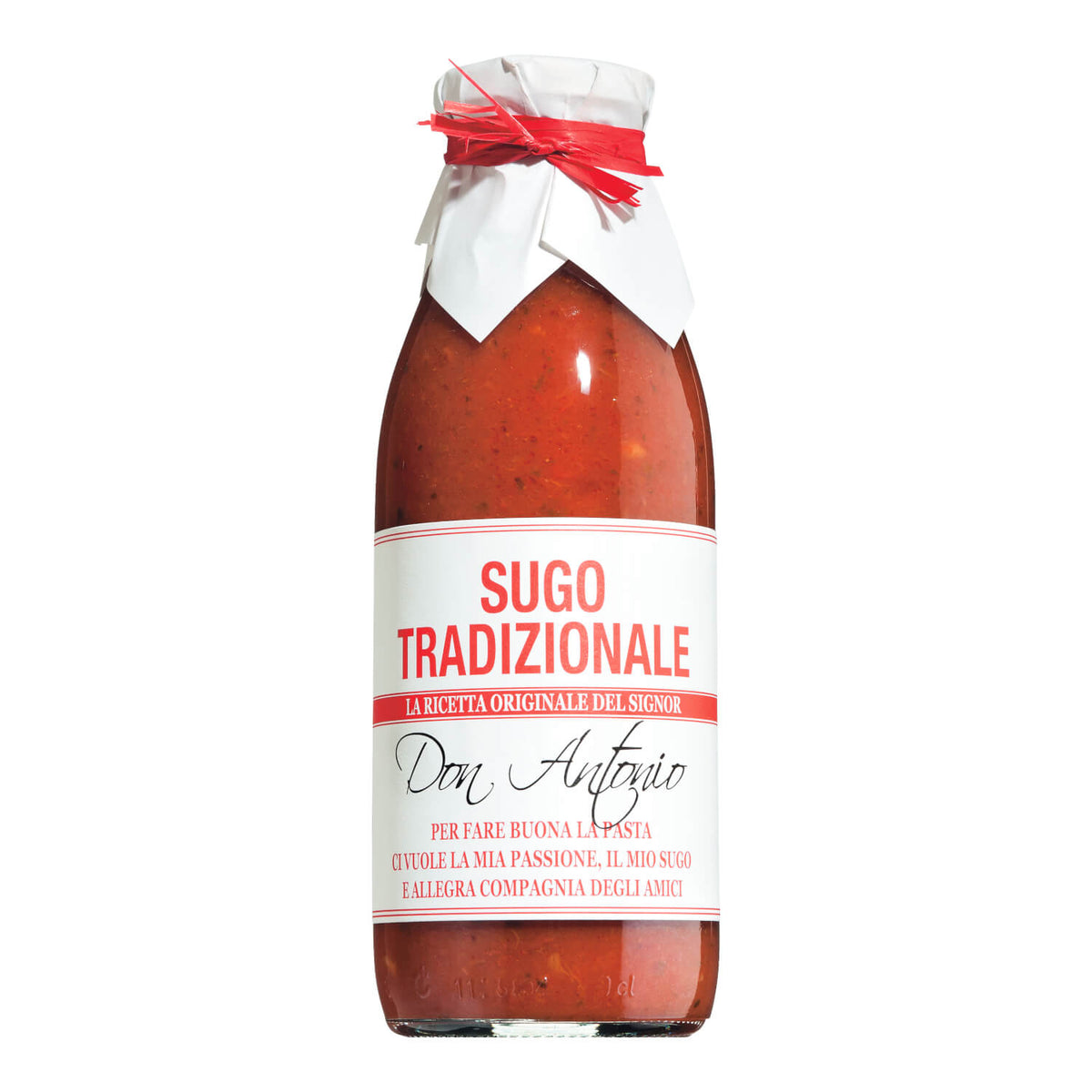 Ein Glas mit Sugo tradizionale - Tomatensauce mit Oregano von Don Antonio srl, mit weißem und rotem Etikett und weißem Papierdeckel.